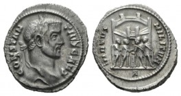 Constantius Chlorus caesar, 293 – 305 Argenteus 295-297, AR 18.5mm., 3.38g. CONSTAN – TIVS CAES Laureate head r. Rev. VIRTVS – MILITVM The four prince...