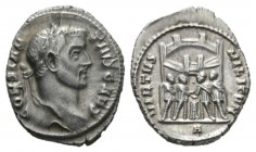 Constantius Chlorus Caesar, 293 – 305 Argenteus Rome 295-297, AR 17mm., 2.94g. CONSTAN – TIVS CAES Laureate head r. Rev. VIRTVS – MILI[TVM] The four p...