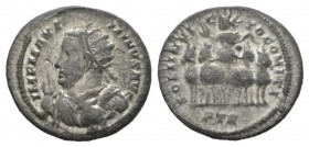 Galerius Maximianus, 305-311 Unit Treveri 310, billon 19.5mm., 2.92g. Radiate, draped and cuirassed half bust left, rising r. hand and holding globe R...
