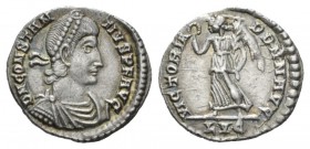 Constantius II, 337-361 Siliqua Lugdunum 360-361, AR 18.5mm., 1.77g. D N CONSTAN-TIVS P F AVG Diademed, draped and cuirassed bust r. Rev. VICTORIA DD ...