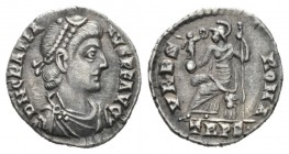 Gratian, 367-383 Siliqua Trveri 375-378, AR 17.5mm., 1.77g. DN GRATIA-NVS PF AVG Pearl-diademed, draped, and cuirassed bust r. Rev. VRBS ROMA Roma sea...