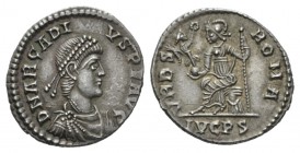 Arcadius, 383-408 Siliqua Lugdunum 388-392, AR 18mm., 2.02g. D N ARCADIVS P F AVG Diademed, draped and cuirassed bust r. Rev. VRB ROMA Roma seated lef...