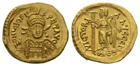 Leo I, 457-474 Solidus Constantinople 465-466, AV 21mm., 4.47g. D N LEO PE – RPET AVG Helmeted, pearl-diademed and cuirassed bust facing three-quarter...