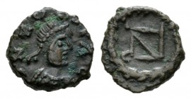 Zeno II reign, 476-491 Æ4 Cyzicus 476-491, Æ 10.5mm., 0.98g. D N ZENO P F AVG Diademed, draped and cuirassed bust r. Rev. Monogram within wreath. RIC ...