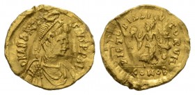 Anastasius I, 491-518 Tremissis Constantinople 491-518, AV 15.5mm., 1.28g. D N ANASTASIVS P P AVG Diademed, draped and cuirassed bust r. Rev. VICTORIA...