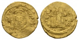 Justinian I, 527 – 565 Solidus 538-545, AV 19mm., 4.39g. D N IVSTINI – ANVS P P AVG Helmeted, pearl-diademed and cuirassed bust facing, holding spear ...