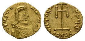 Justinian II, 705-711 (II reign) Tremissis Syracuse 705-711, AV 14mm., 1.34g. d IYSTI – NIANYS PP Diademed bust r., wearing chlamys. Rev. VICTORIA – A...