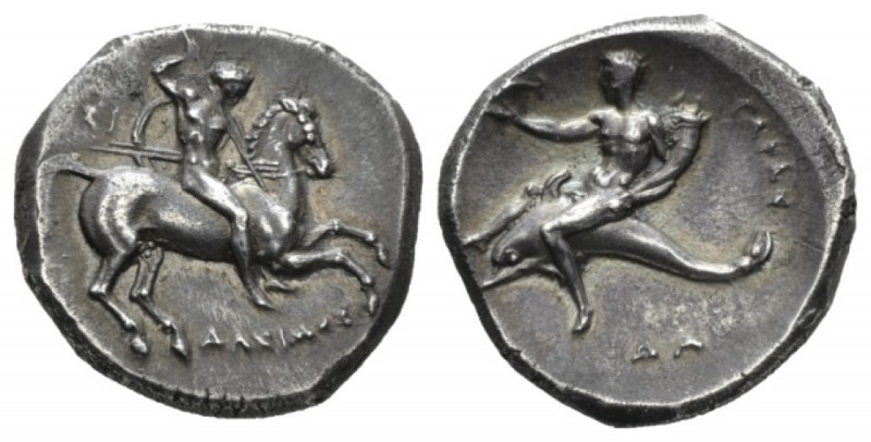 Calabria, Tarentum Nomos circa 315-300, AR 22mm., 7.84g. Armed horseman gallopin...