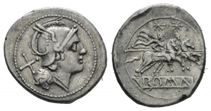 Denarius circa 214-213, AR 21.5mm., 4.43g. Helmeted head of Roma r.; behind, X. ...