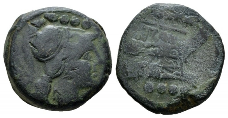 Triens Central Italy circa 208, Æ 26.5mm., 17.36g. Helmeted head of Minerva r.; ...