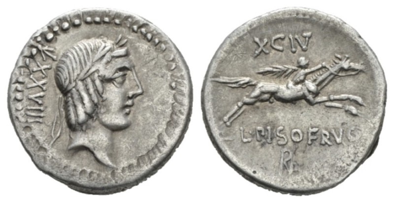 L. Piso Frugi. Denarius 90, AR 19.5mm., 3.82g. Laureate head of Apollo r.; behin...