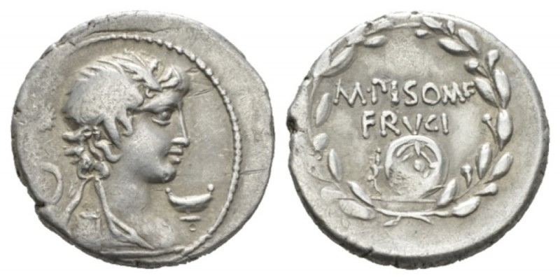 M. Calpurnius M. f. Frugi. Denarius 61, AR 18.5mm., 3.76g. Terminal bust of Merc...