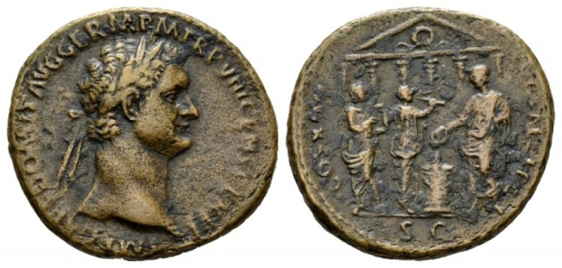 Domitian, 81-96 As 88, Æ 29.5mm., 11.53g. Laureate head r. Rev. COS XIIII LVD SA...