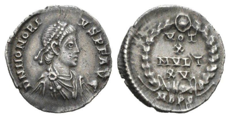 Honorius, 393-423 Siliqua Mediolanum 395-402, AR 16.5mm., 1.26g. D N HONORI - VS...