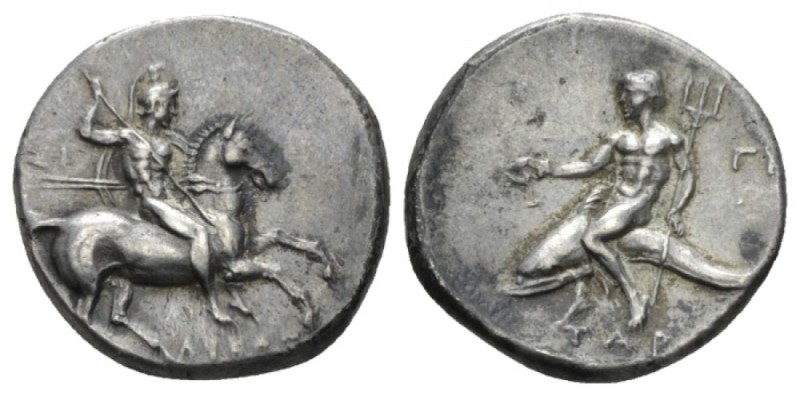 Calabria, Tarentum Nomos 280-272, AR 21.5mm., 6.43g. Nude warrior on horseback r...