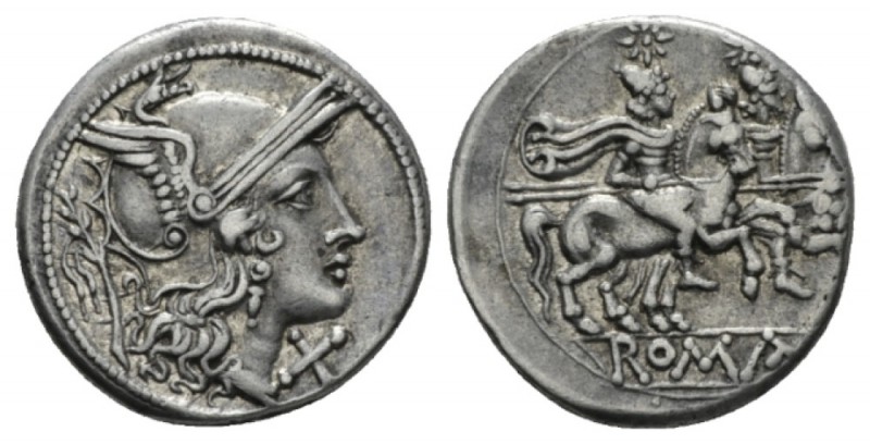 Denarius Sicily circa 209-208, AR 20mm., 4.32g. Helmeted head of Roma r., with l...