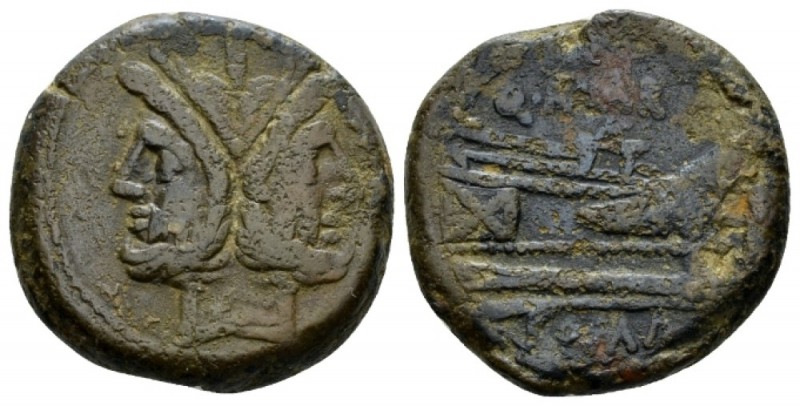 Q. Marius. As 189-180, Æ 30.5mm., 25.35g. Laureate head of Janus; above, mark of...