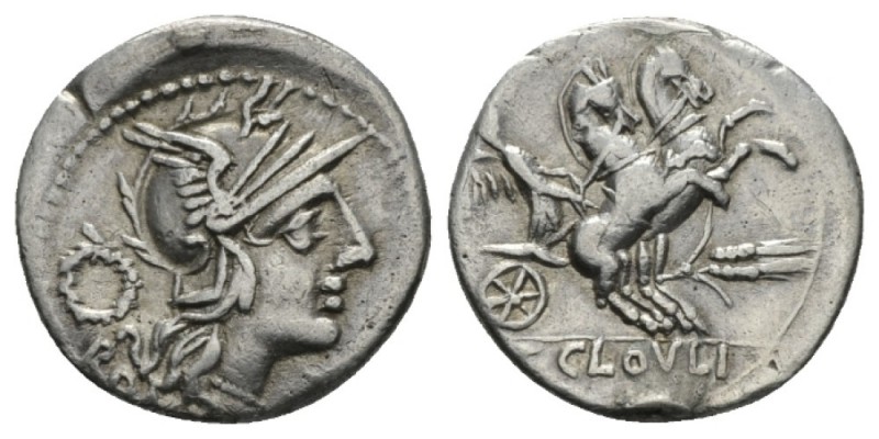 T. Cloelius Denarius 129, AR 20mm., 3.73g. Helmeted of Roma r.; behind, wreath a...