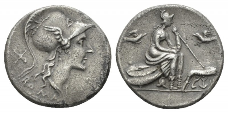 Denarius 115-114, AR 20mm., 3.82g. Head of Roma r., wearing winged Corinthian he...