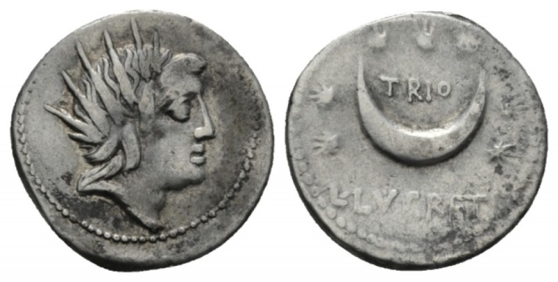 L. Lucretius Trio. Denarius 76, AR 19.5mm., 3.75g. Radiate head of Sol r. Rev. T...