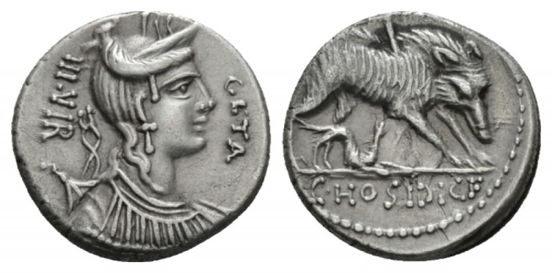 C. Hosidius C.f. Geta. Denarius 68, AR 17mm., 4.00g. GETA – III·VIR Diademed and...