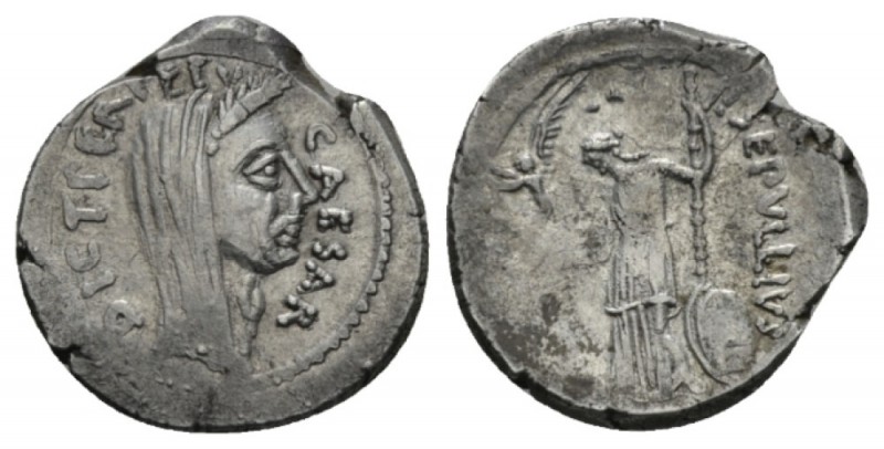 Julius Caesar and P. Sepullius Macer. Denarius 44, AR 19mm., 4.07g. CAESAR – DIC...