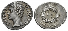 Octavian as Augustus, 27 BC – 14 AD Denarius Caesaraugusta 19-18 BC, AR 20mm., 3.88g. CAESAR – AVGVSTVS Bare head l. Rev. OB CIVIS / SERVATOS Oak wrea...