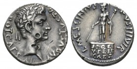 Octavian as Augustus, 27 BC – 14 AD Denarius 16 BC, AR 18.5mm., 3.75g. Laureate head r. Rev. Mars, helmeted and cloaked, holding spear and parazonium,...