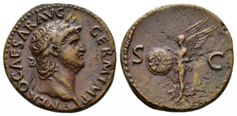 Nero, 54-68 As 65, Æ 27mm., 10.80g. Laureate head r. Rev. Victory flying l., hol...