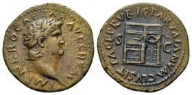 Nero, 54-68 As 66, Æ 29mm., 10.55g. Laureate head r. Rev. Temple of Janus, window to l. and garland hung across double doors to r. RIC 347. CBN 423. B...