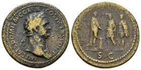 Domitian, 81-96 Sestertius 86, Æ 34mm., 21.31g. IMP CAES DOMIT AVG GERM – COS XII CENS PER PP Laureate bust r., with aegis. Rev. S C Emperor standing ...