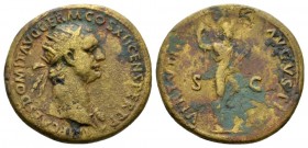 Domitian, 81-96 Dupondius 86, Æ 29mm., 15.01g. IMP CAES DOMIT AVG GERM COS XII CENS PER P P Radiate head r. Rev. VIRTVTI AVGVSTI Virtus standing r., r...