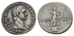Domitian, 81-96 Denarius 88, AR 20mm., 3.54g. IMP CAES DOMITIAN AVG GERMANICVS Laureate head r. Rev. Minerva standing r. on capital of rostral column;...