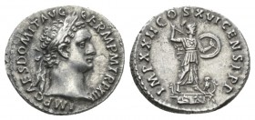 Domitian, 81-96 Denarius 92-93, AR 19.5mm., 3.16g. IMP CAES DOMIT AVG GERM P M TR P XII Laureate head right. Rev. IMP XXII COS XVI CENS P P P Minerva ...