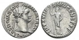 Domitian, 81-96 Denarius 95-96, AR 19mm., 3.45g. IMP CAES DOMIT AVG GERM P M TR P XV Laureate head r. Rev. IMP XXII COS XVII CENS P P P Minerva standi...