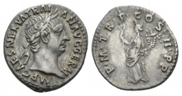 Trajan, 98-117 Denarius 98-99, AR 18.5mm., 3.49g. IMP CAES NERVA TRAIAN AVG GERM Laureate bust r. Rev. P M TR P COS II P P Pax standing l., holding ol...