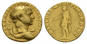 Trajan, 98-117 Aureus 103-111, AV 18mm., 5.97g. Laureate, draped, and cuirassed bust r. Rev. Libertas standing l., holding pileus and scepter. RIC 124...