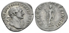 Trajan, 98-117 Denarius 103-111, AR 20mm., 3.35g. IMP TRAIANO AVG GER DAC P M TR P COS V P P Laureate head r., slight drapery on left shoulder. Rev. S...