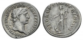 Trajan, 98-117 Denarius 103-111, AR 19mm., 3.37g. Laureate bust r. Rev. Pax standing l., holding branch and cornucopiae, resting foot on Dacian captiv...