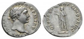 Trajan, 98-117 Denarius 107-108, AR 19.5mm., 3.05g. IMP TRAIANO AVG GER DAC P M TR P Laureate head r., slight drapery on far shoulder. Rev. COS V P P ...