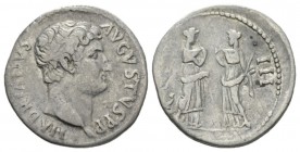 Hadrian, 117-138 Cistophorus Smirna after 128, AR 26mm., 10.77g. HADRIANVS AVGVSTVS P P Bare head to r. Rev. COS III Two Nemesesfacing each other. RIC...