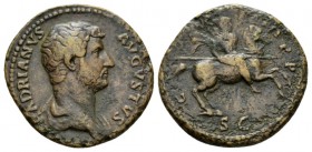 Hadrian, 117-138 As 132-135, Æ 27mm., 9.97g. HADRIANVS AVGVSTVS Draped bust r. Rev. COS III P P Emperor holding spear on horse prancing r. RIC 717. C....