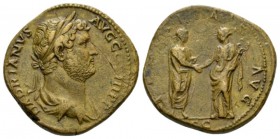 Hadrian, 117-138 Sestertius 134-138, Æ 33mm., 24.21g. HADRIANVS AVG COS III PP Laureate and draped bust r. Rev. FELICITAS AVG Hadrian , togate, standi...