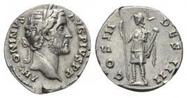 Antoninus Pius, 138-161 Denarius 144, AR 18mm., 3.18g. ANTONINVS AVG PIVS P P Laureate head r. Rev. COS III DES IIII Virtus standing l., holding spear...