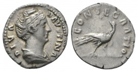 Faustina senior, wife of Antoninus Pius Denarius after 141, AR 18mm., 3.26g. DIVA FAVSTINA Draped bust r. Rev. CONSECRATIO Peacock walking r., head l....
