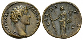 Marcus Aurelius as Caesar, 139-161 As 140-144, Æ 24.5mm., 10.55g. AVRELIVS CAESAR AVG PII F COS Bare head r. Rev. HILARITAS Hilaritas standing l.; hol...