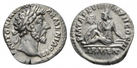 Marcus Aurelius, 161-180 Denarius 164, AR 18mm., 3.35g. Laureate head r. Rev. Armenia seated l. in attitude of mourning, resting hand on bow to right;...