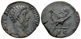 Marcus Aurelius, 161-180 Sestertius 180, Æ 29.5mm., 21.41g. DIVVS ANTONINVS AVG Bare head r. Rev. CONSECRATIO Divus Marcus Aurelius, holding scepter, ...