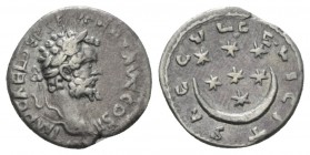 Septimius Severus, 193-211 Denarius Emesa 194-195, AR 18mm., 2.78g. IMP CAE L SEP SEV PERT AVG COS II Laureate head r. Rev. SAECVL FELICIT Crescent an...