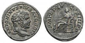 Caracalla, 198-217 Denarius 212, AR 18.5mm., 3.40g. ANTONINVS - PIVS AVG BRIT Laureate bust r. Rev. P M TR P XV - COS III P P Salus seated l., feeding...